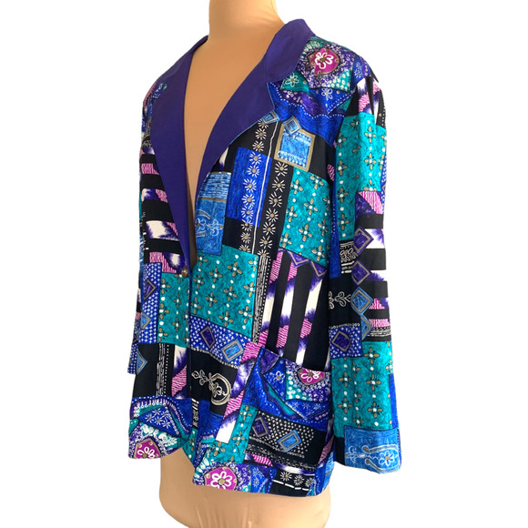 Vintage Petite Blazer Jacket Oversized Patchwork Floral Print Purple Navy Blue - Picture 5 of 10